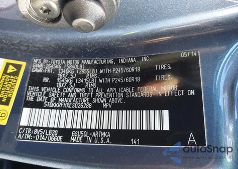 2014 Toyota Highlander Xle V6 из США, поврежденный, VIN 5TDKKRFHXES026288